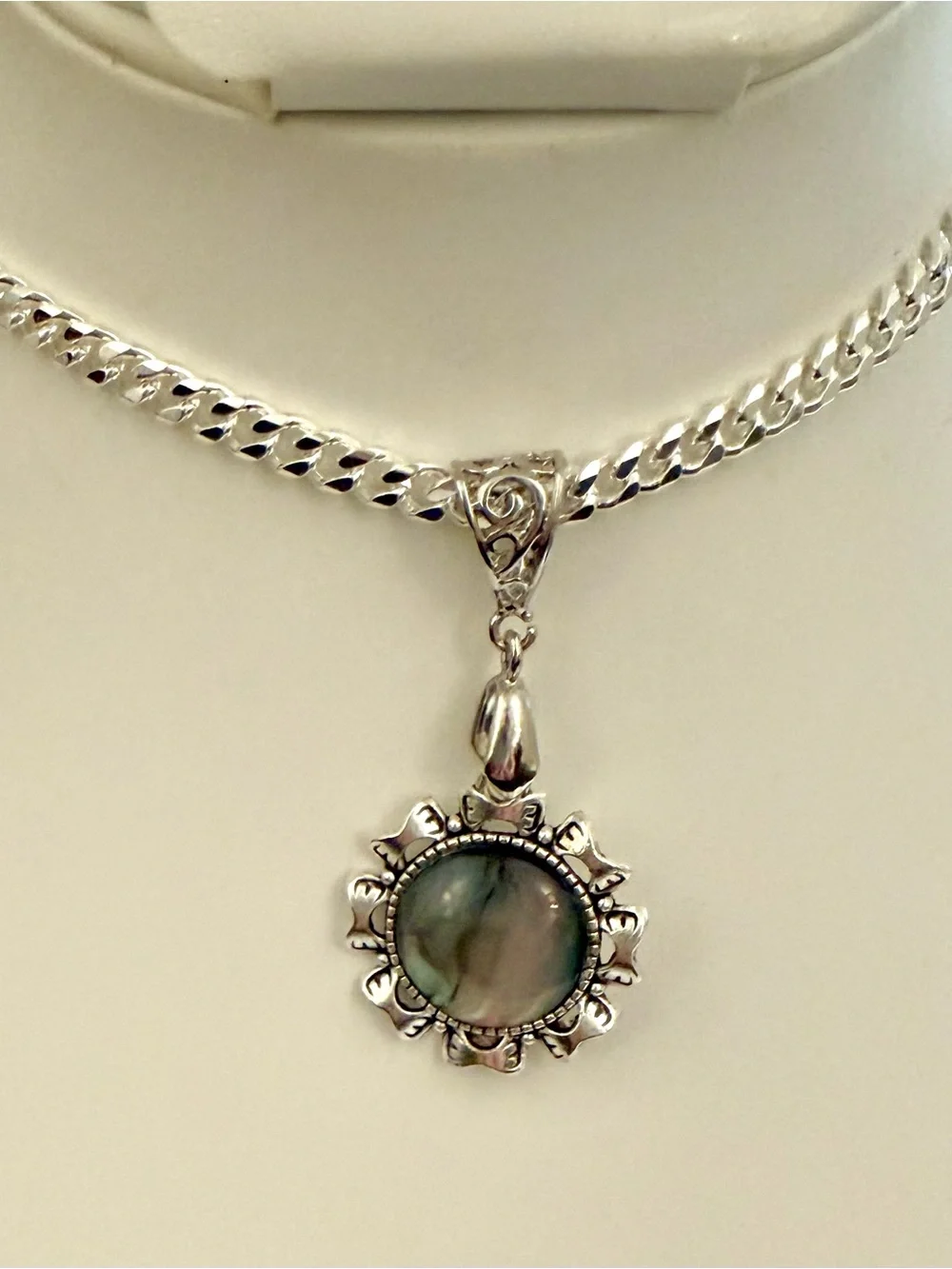 S925 Sterling Silver Abalone Shell Pendant Necklace Floral Artisan Statement